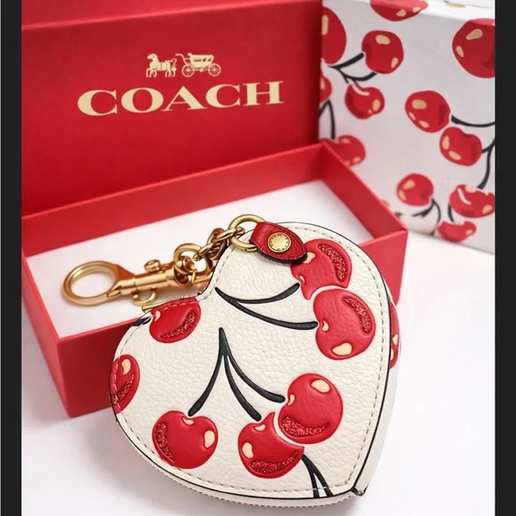 Coach Cherry Print Heart Coin Case Keychain NWT - Picture 1 of 1